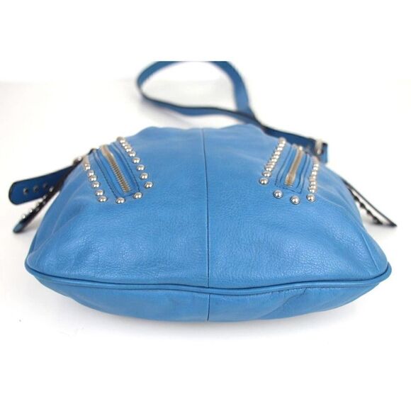 B.Makowsky BLUE GENUINE LEATHER STUDDED ZIP POCKET CROSSBODY SHOULDER BAG PURSE - Picture 7 of 16